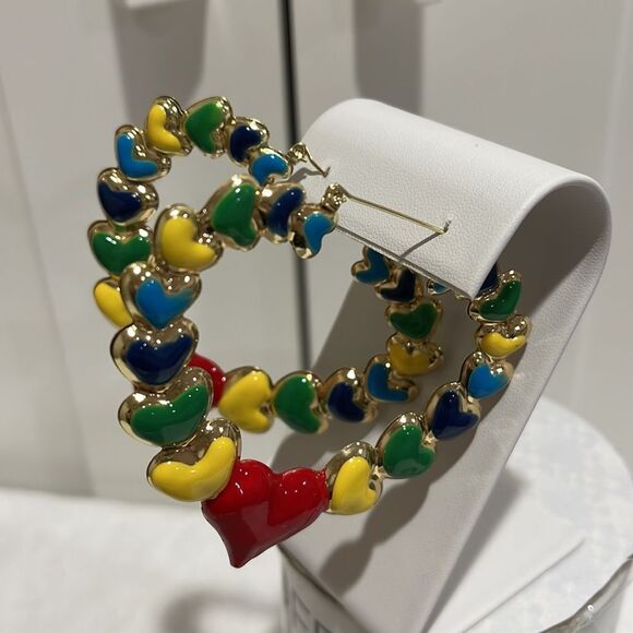 NWOT Enamel puffy heart hinge hook earrings - Picture 2 of 3